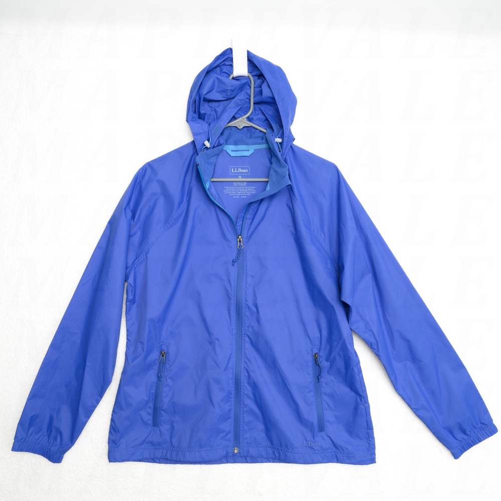 LL Bean Blue Hooded Windbreaker Size Medium Ripstop Full Zip Jacket 268214